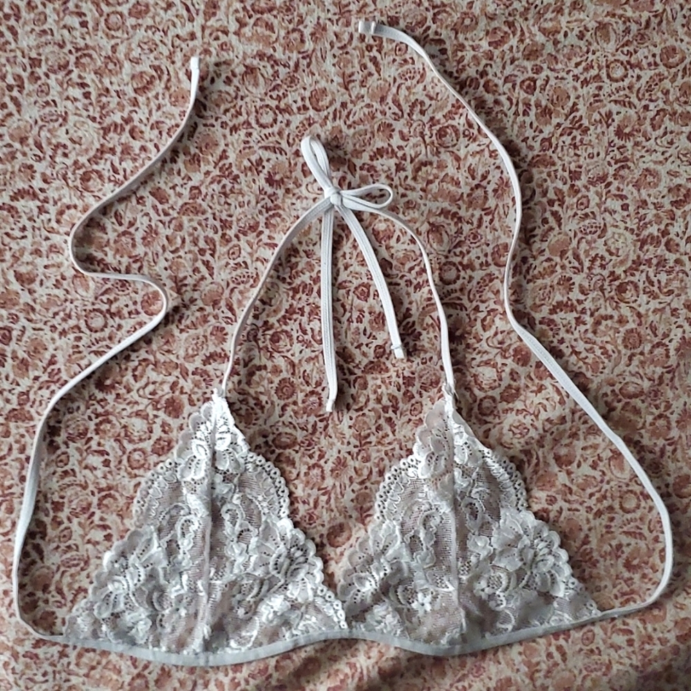 Shiny white lace string tie bralette